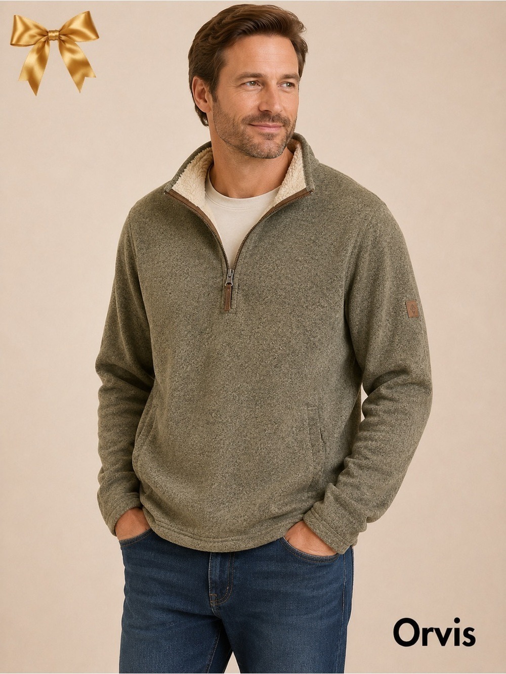 Orvis Sherpa Lined 1/4 Zip Pullover Olive Green Heathered Men’s Small